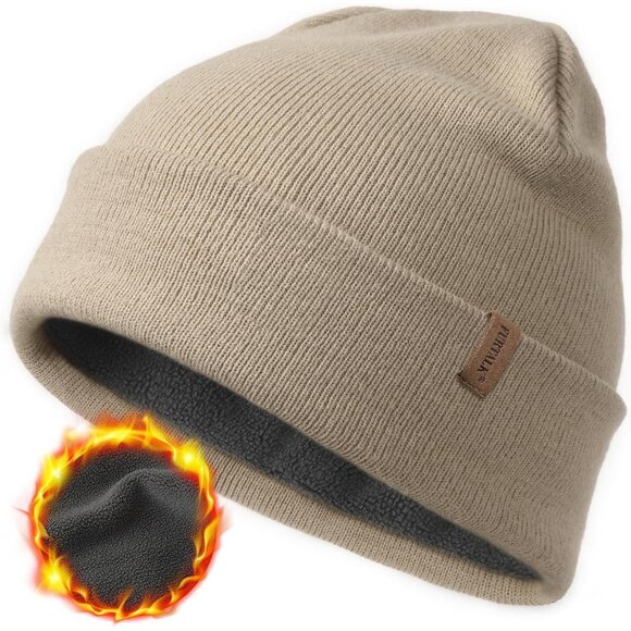 Men's Khaki Beanie Fleece Lined Double Layered Stylish Knitted Cuffed Plain Hat